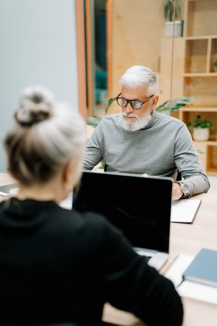 Mature professionals working together in a modern office setting with laptops.
